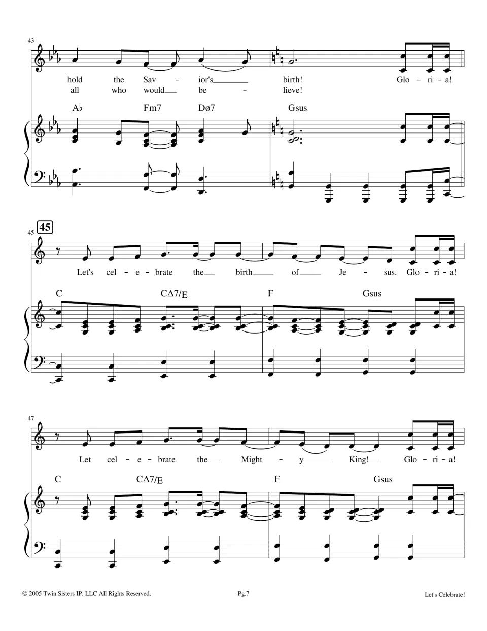 Return to C major at bar 45: verses close on the Savior's birth, then the Gloria chorus comes back for singers to repeat