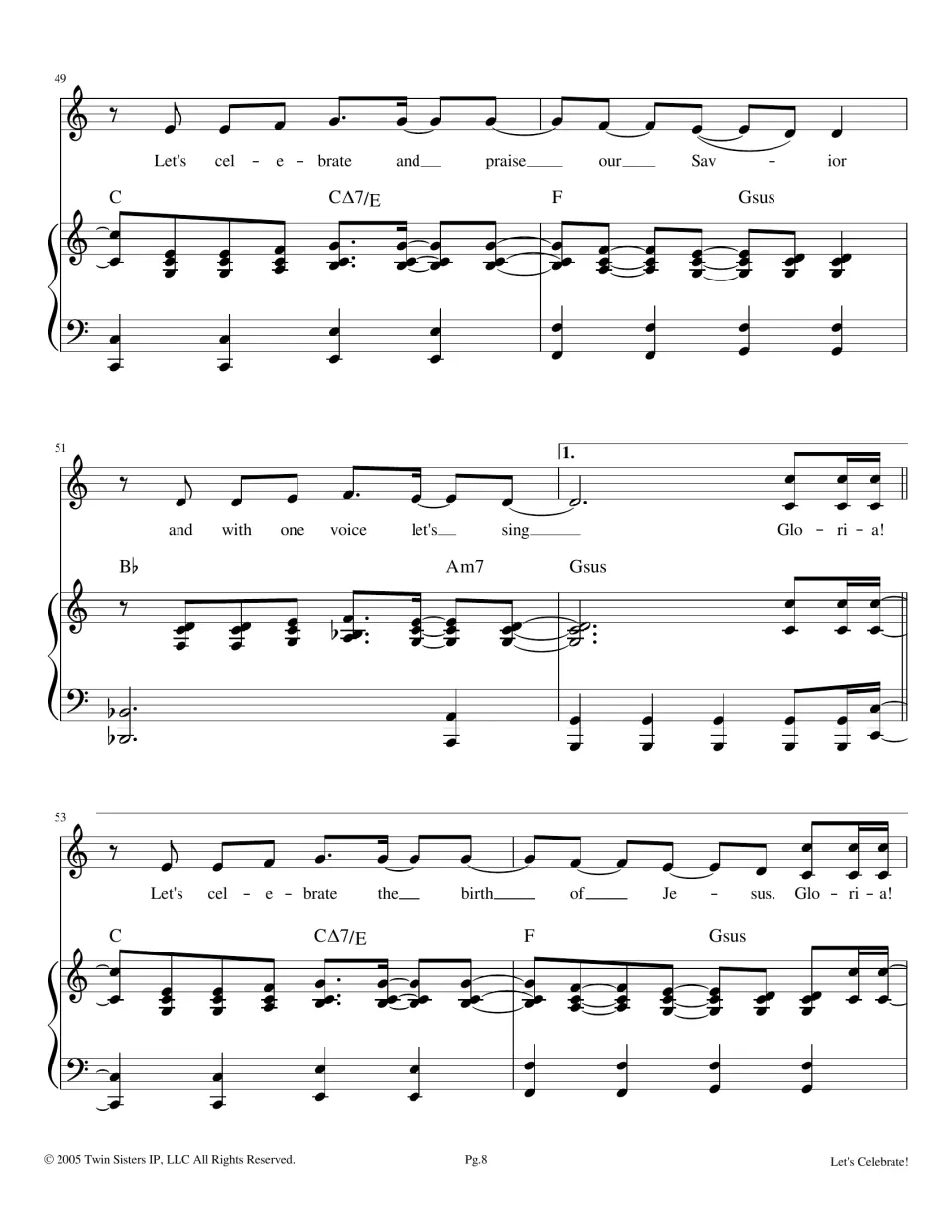 Chorus repeat, bars 49-54: first ending on 'Gloria!', then the 'birth of Jesus' chorus line begins again