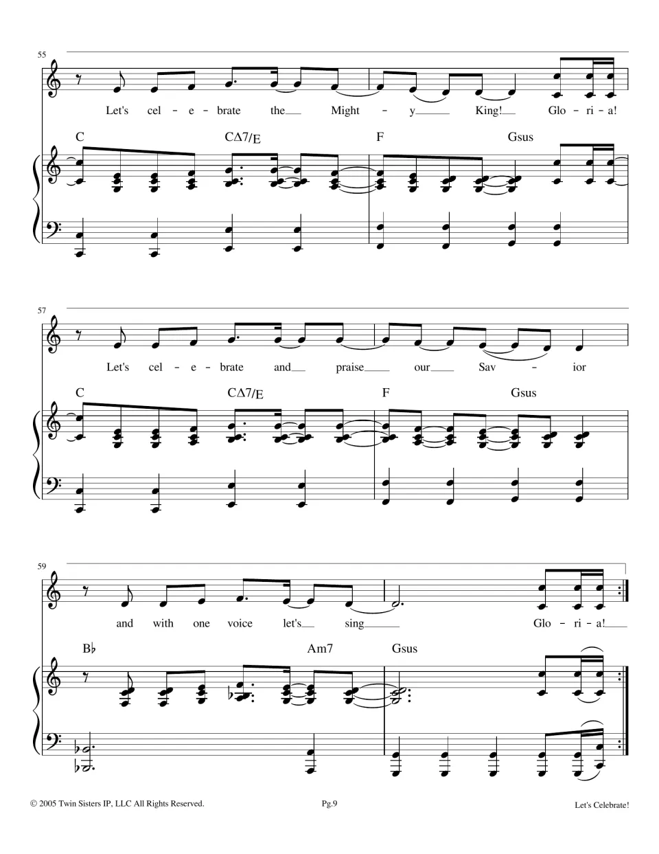 Final chorus lines, bars 55-60: Mighty King, praise our Savior and 'with one voice', singers end at a repeat sign
