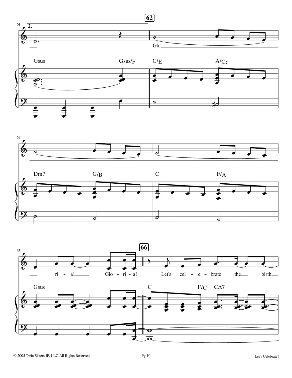 Second ending, bars 61-66: a long held 'Glo-ri-a!' over moving piano chords, then the chorus starts again at bar 66