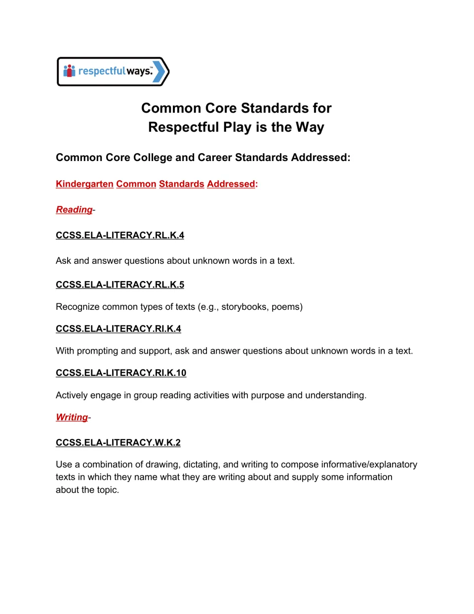 Common Core standards list for Respectful Play is the Way: kindergarten reading RL.K.4, RL.K.5, RI.K.4, RI.K.10 and W.K.2