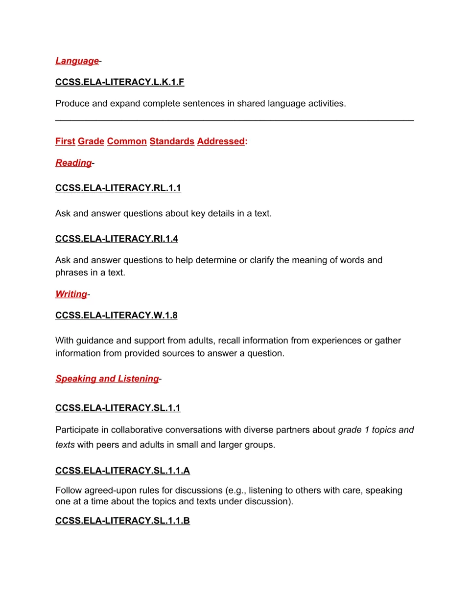Kindergarten language L.K.1.F, then first grade reading RL.1.1 and RI.1.4, writing W.1.8 and speaking and listening SL.1.1