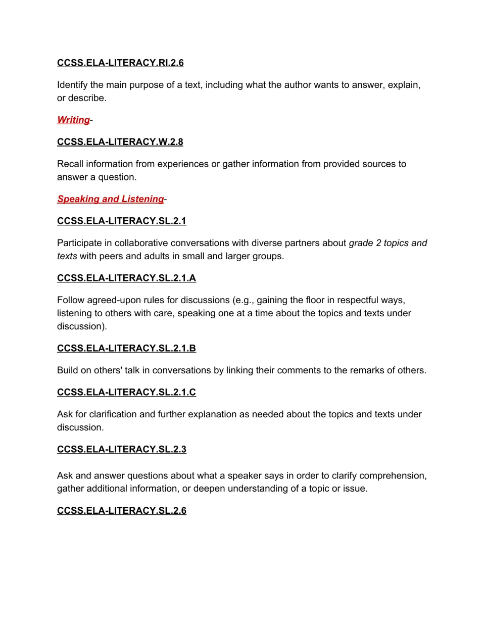 Second grade standards: reading RI.2.6, writing W.2.8, speaking and listening SL.2.1 through SL.2.6 on discussion rules