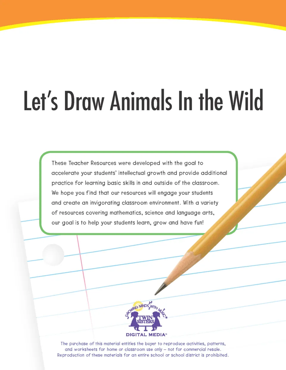 Cover of Let's Draw Animals In the Wild Activity Book, with a teacher resource introduction and use terms