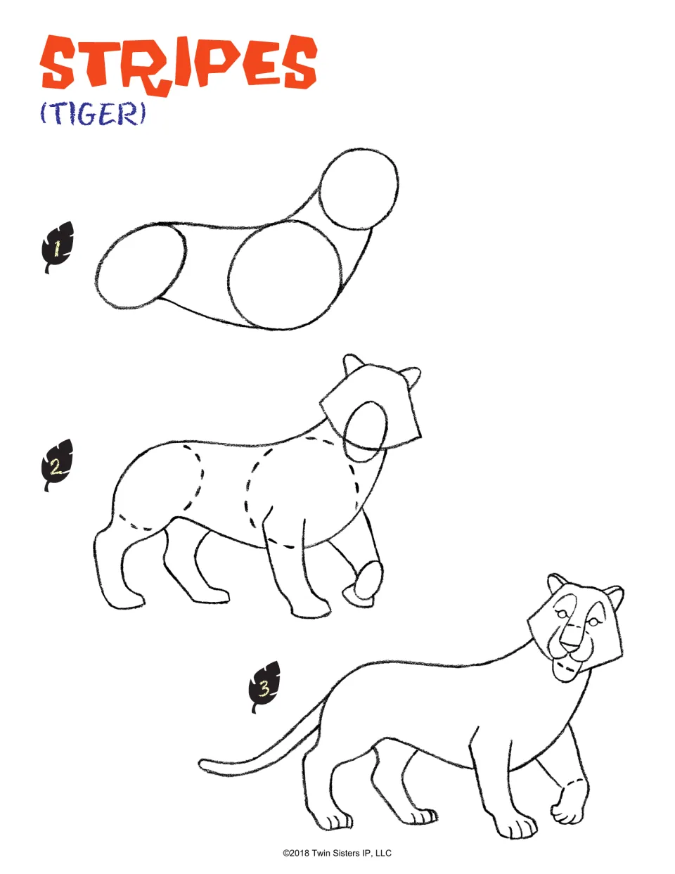 Tiger drawing lesson, steps 1–3: build the body from rounded shapes, then add legs, a tail, and a face