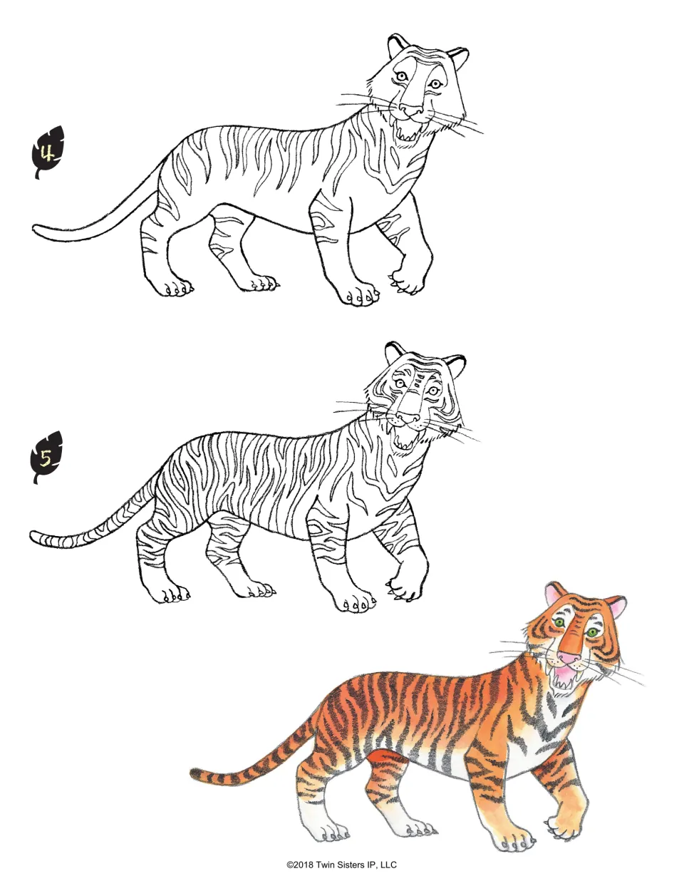 Tiger drawing lesson, steps 4–5: add stripes and facial details, followed by a finished color example