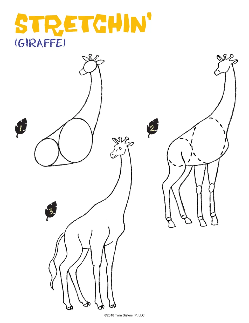 Giraffe drawing lesson, steps 1–3: start with rounded body shapes and a long neck, then add legs and a tail