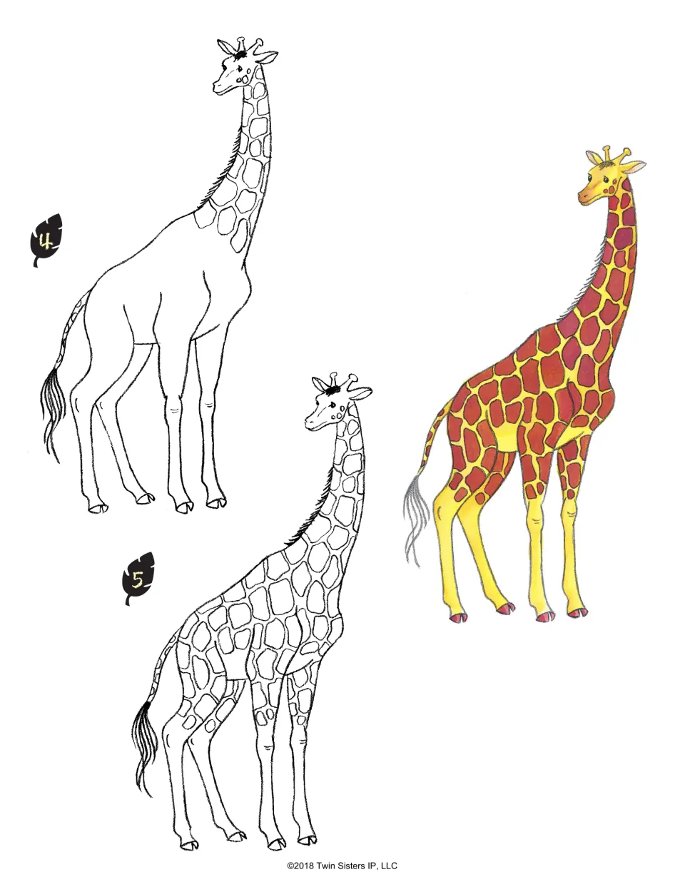 Giraffe drawing lesson, steps 4–5: add a mane, tail hair, and body patches, with a finished color example