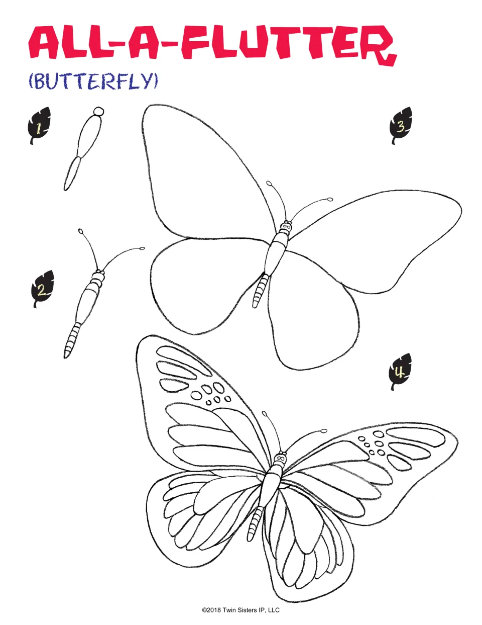 Butterfly drawing lesson, steps 1–4: build the body, add antennae and four wings, then draw wing patterns