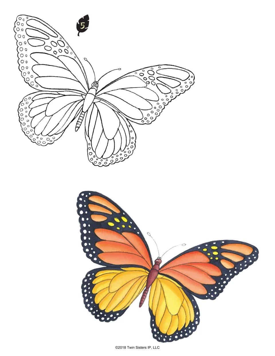Butterfly drawing lesson, step 5: finish the patterned wing edges, with an orange and yellow color example