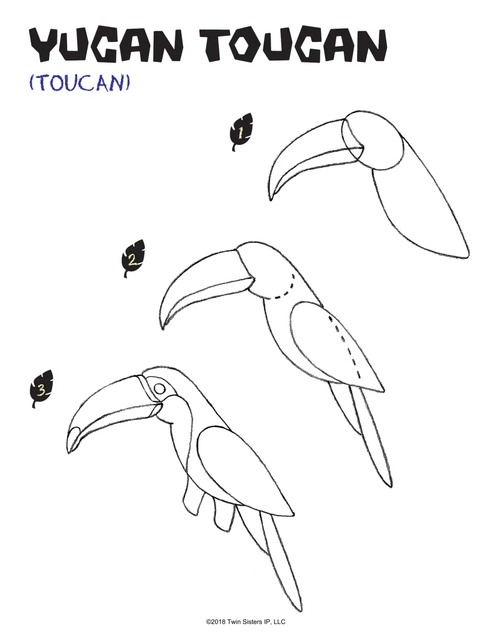 Toucan drawing lesson, steps 1–3: shape the head, large beak, and body, then add a wing, tail, and eye