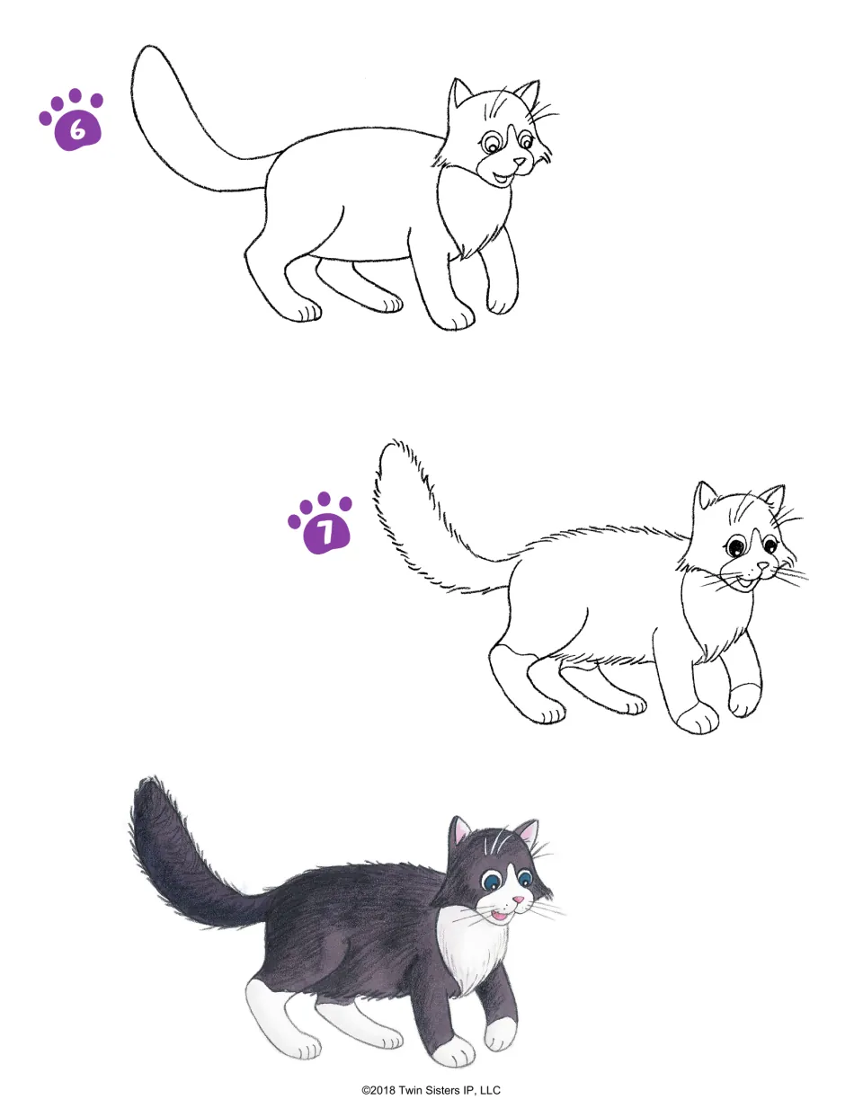 Norwegian Forest cat, steps 6-7: students add face, whiskers and fluffy fur, shown beside a finished black and white cat