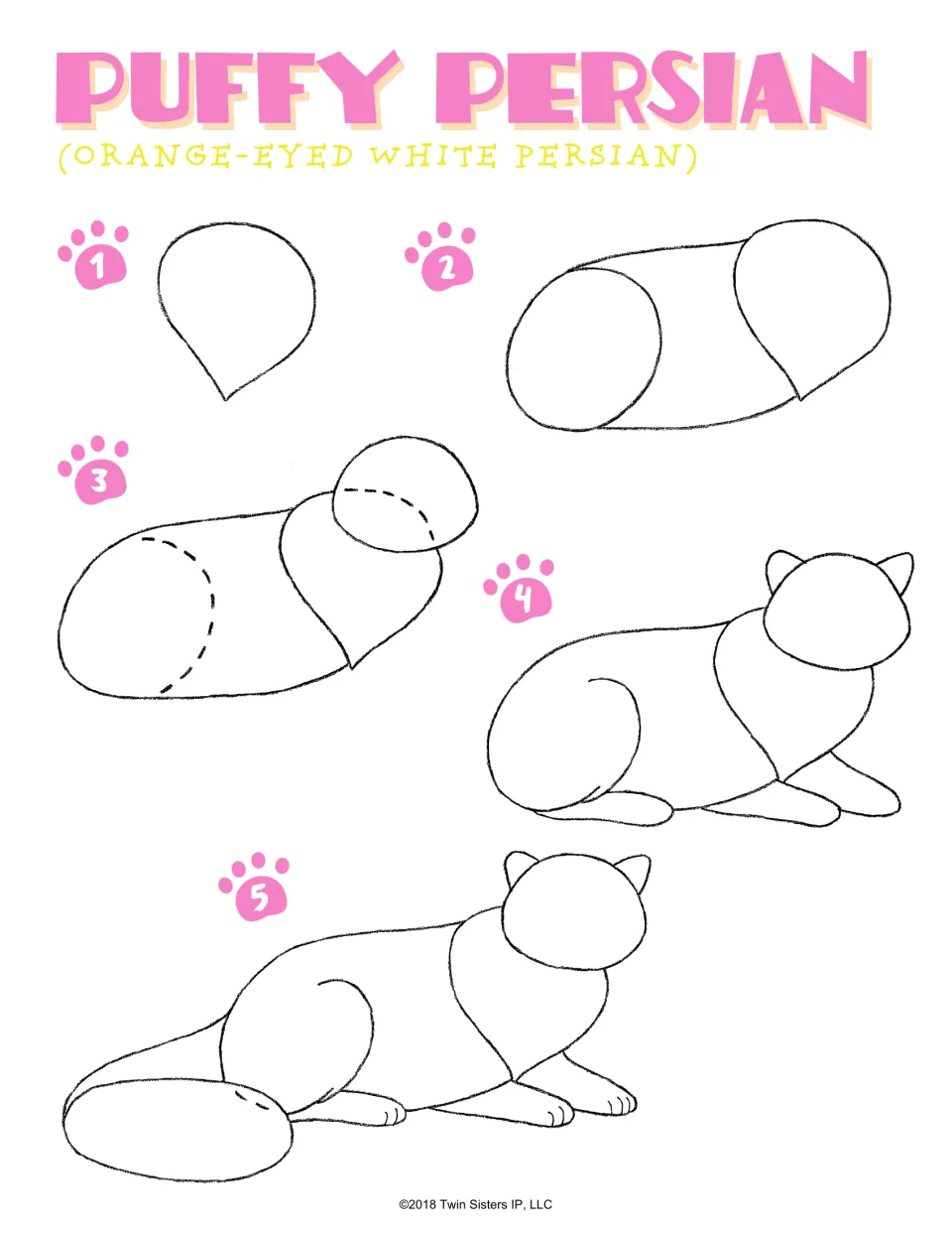 Puffy Persian (orange-eyed white Persian), steps 1-5: students draw a teardrop and oval body, then head, ears and legs