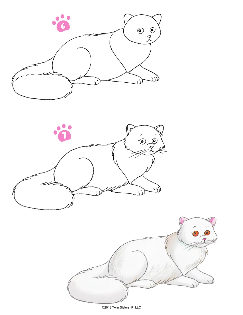 Persian cat, steps 6-7: students add eyes, whiskers and fluffy tail, with a finished white cat with orange eyes as a model
