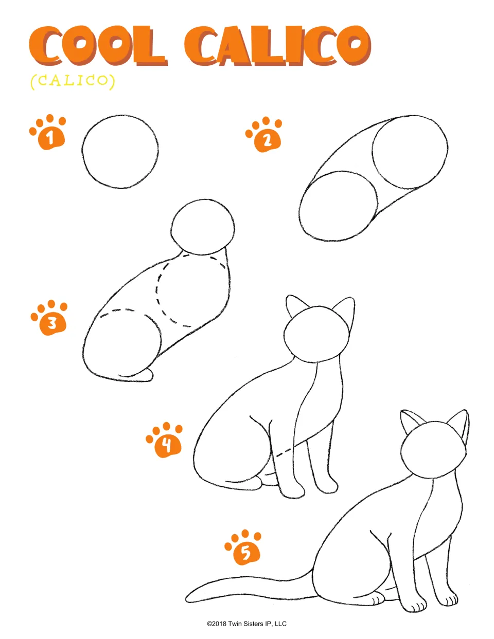Cool Calico, steps 1-5: students join two circles into a slanted body, then add head, ears, legs and tail of a sitting cat