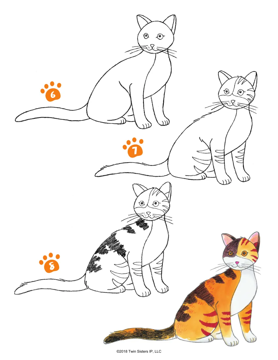 Calico cat, steps 6-8: students add face, whiskers, stripes and dark patches, beside an orange, black and white model