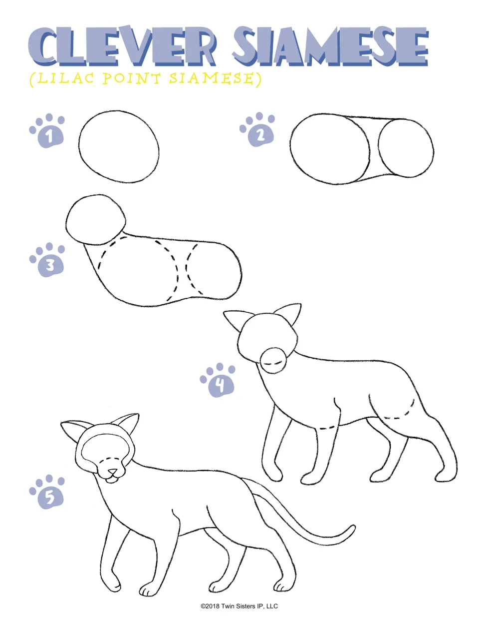 Clever Siamese (lilac point Siamese), steps 1-5: students link an oval head and two circles into a slim walking cat