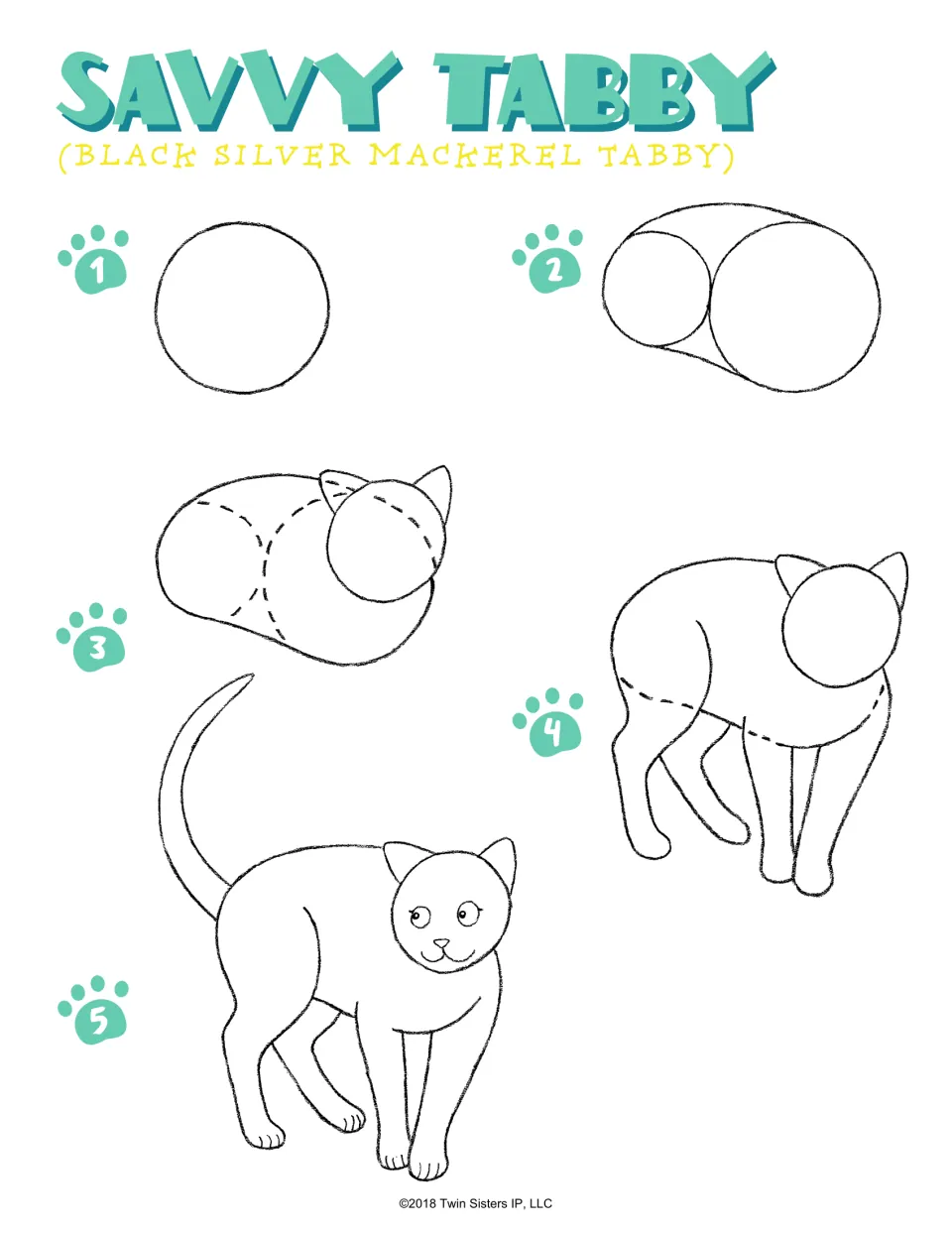 Savvy Tabby (black silver mackerel tabby), steps 1-5: students draw circles for head and body, then legs, face and tail