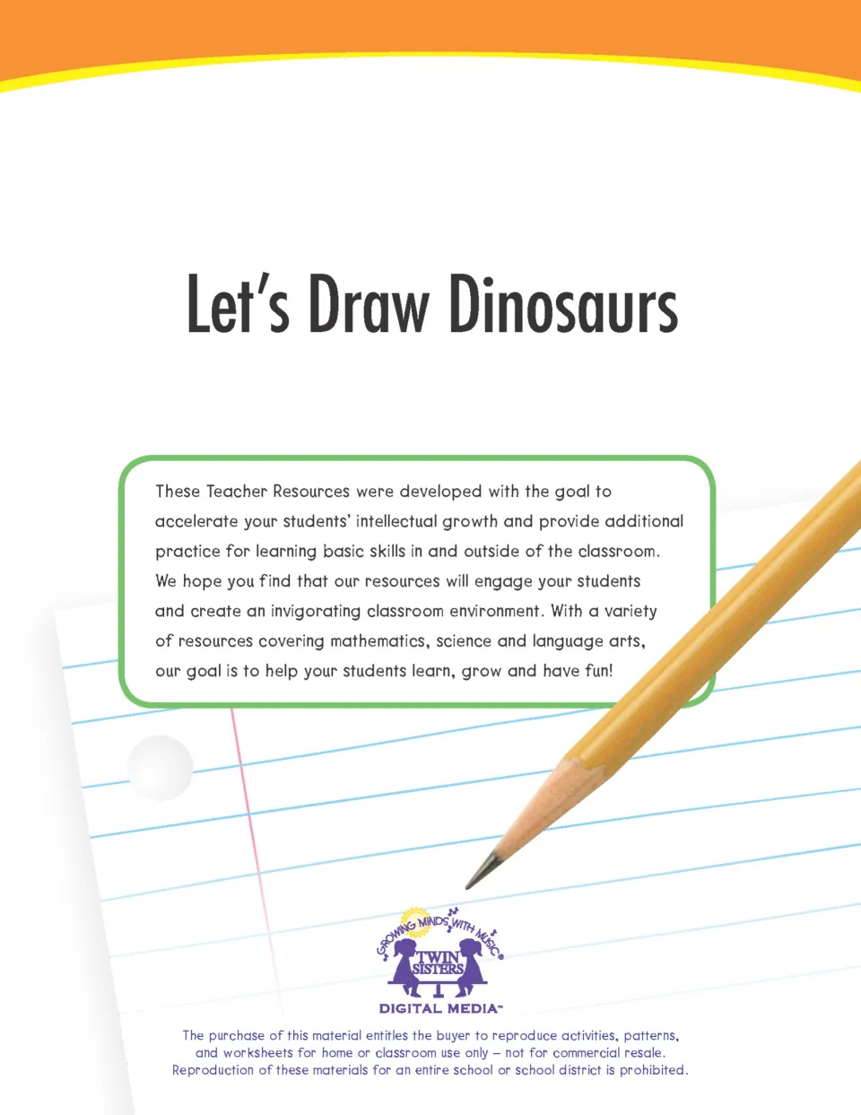 Let's Draw Dinosaurs title page by Twin Sisters Digital Media with a teacher note and a classroom-use reproduction notice