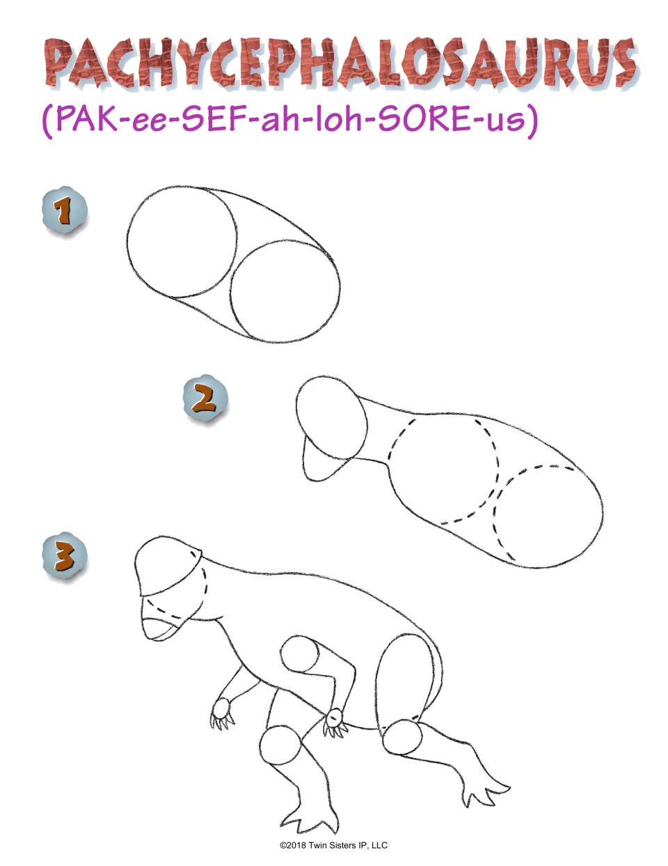 Pachycephalosaurus drawing steps 1-3 with pronunciation: students build the body from ovals, then add domed head and legs