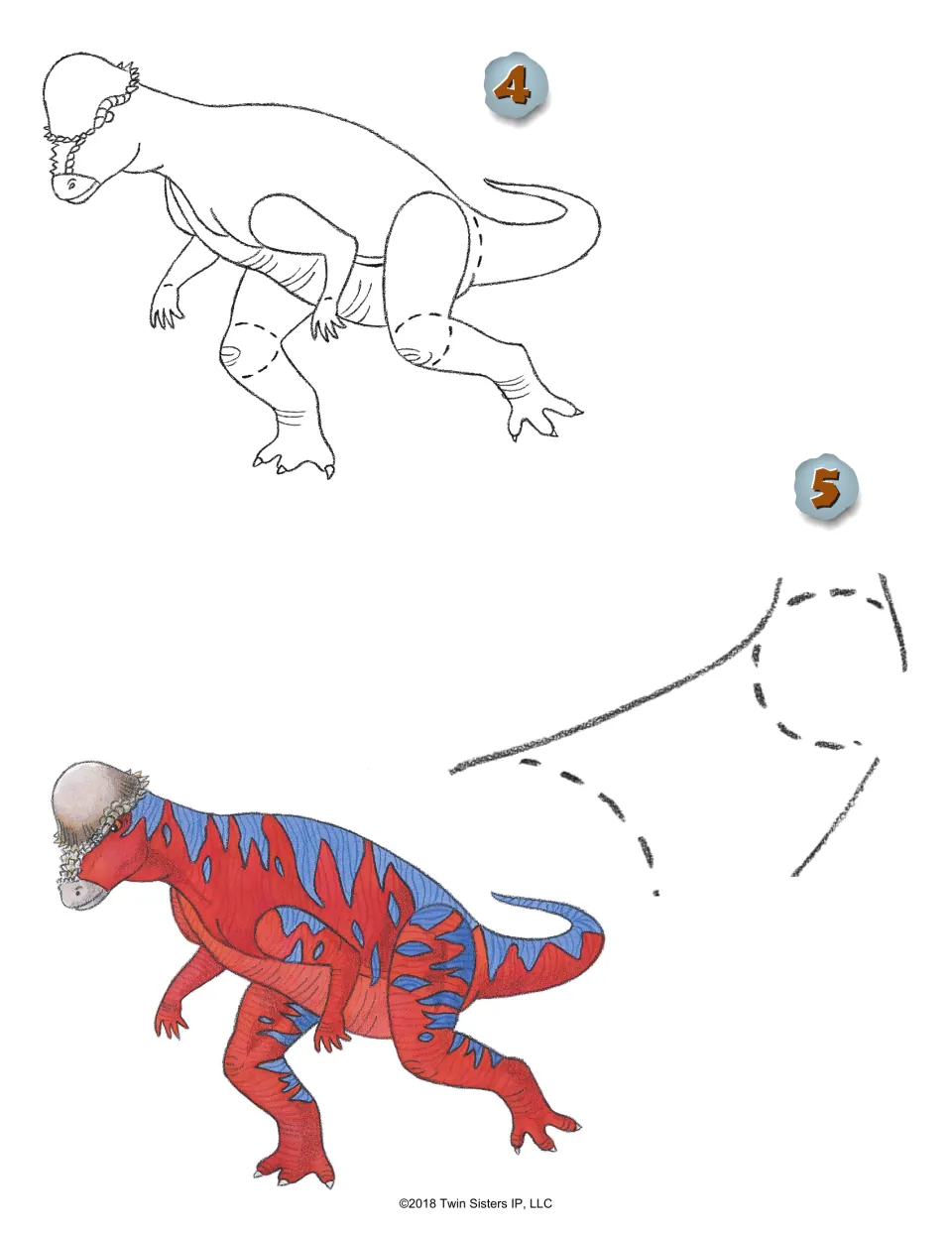 Pachycephalosaurus steps 4-5: students add the spiky dome, claws and tail, then color it, shown in red with blue stripes