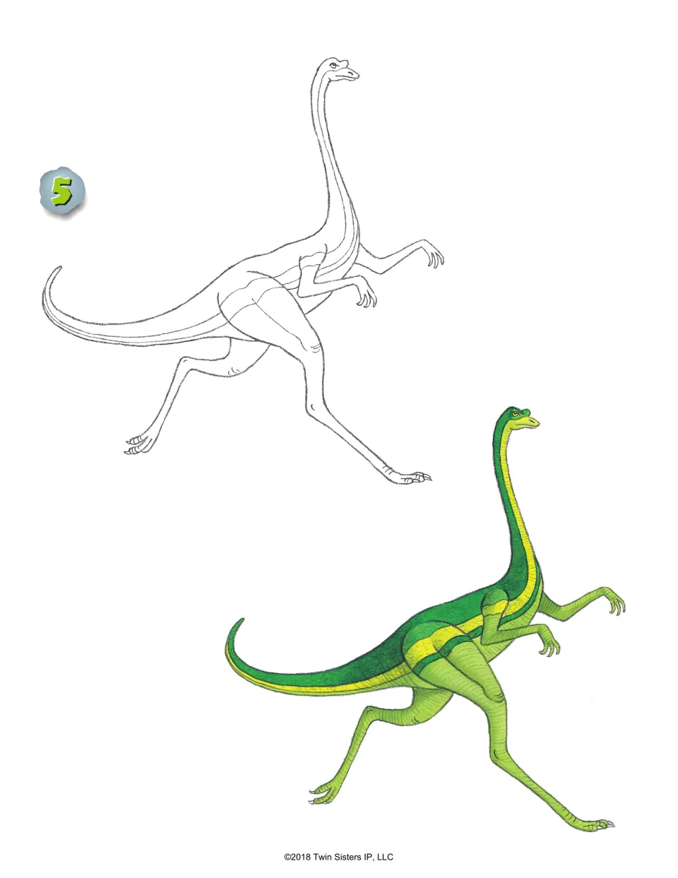 Struthiomimus step 5: students refine the running outline, with a finished example colored green with yellow stripes