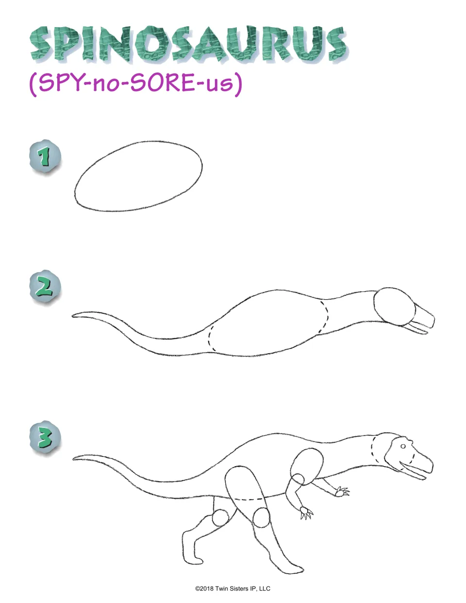 Spinosaurus steps 1-3 with pronunciation: students start from one oval, add a long tail and snout, then attach the legs