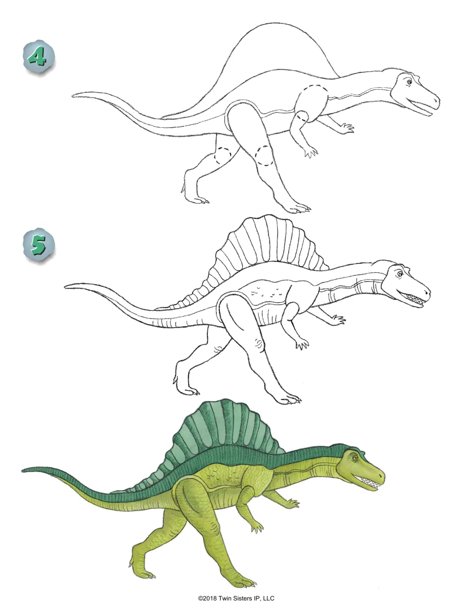 Spinosaurus steps 4-5: students add the tall back sail, teeth and skin texture, then color it in shades of green