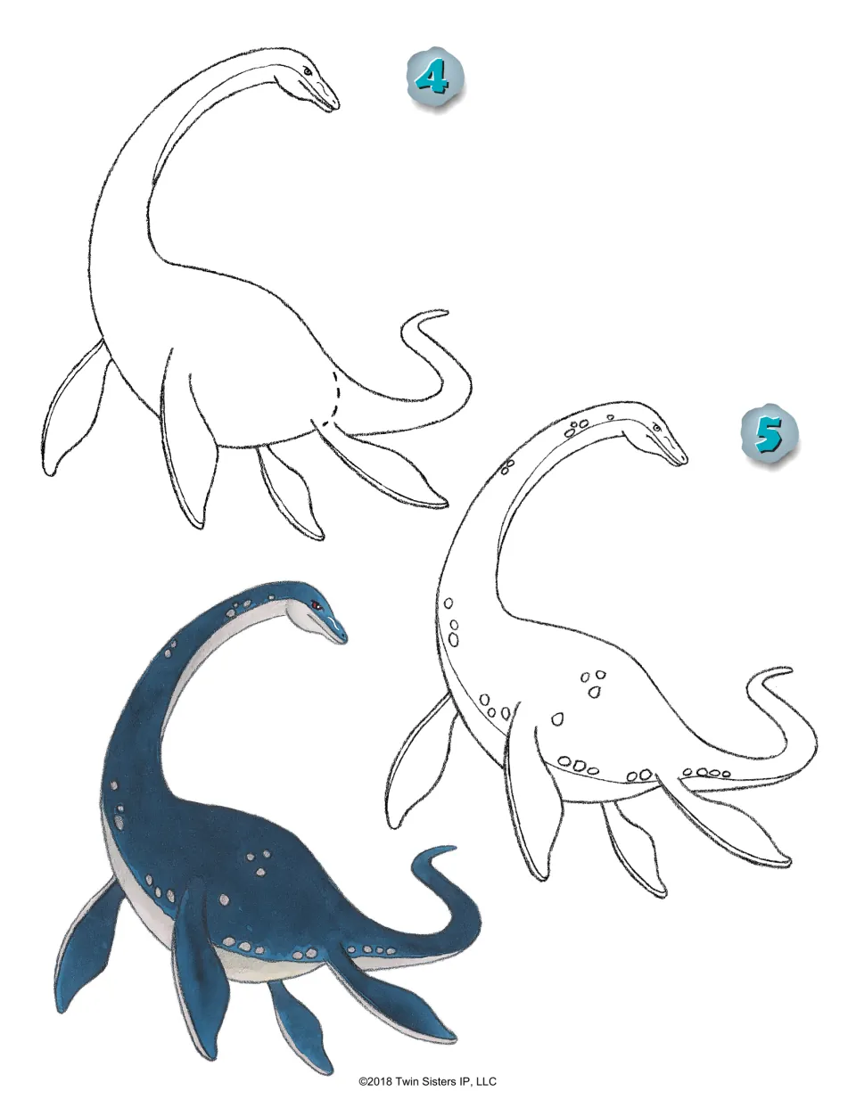 Plesiosaurus steps 4-5: students add the tail and spot markings, then color the reptile dark blue with pale spots