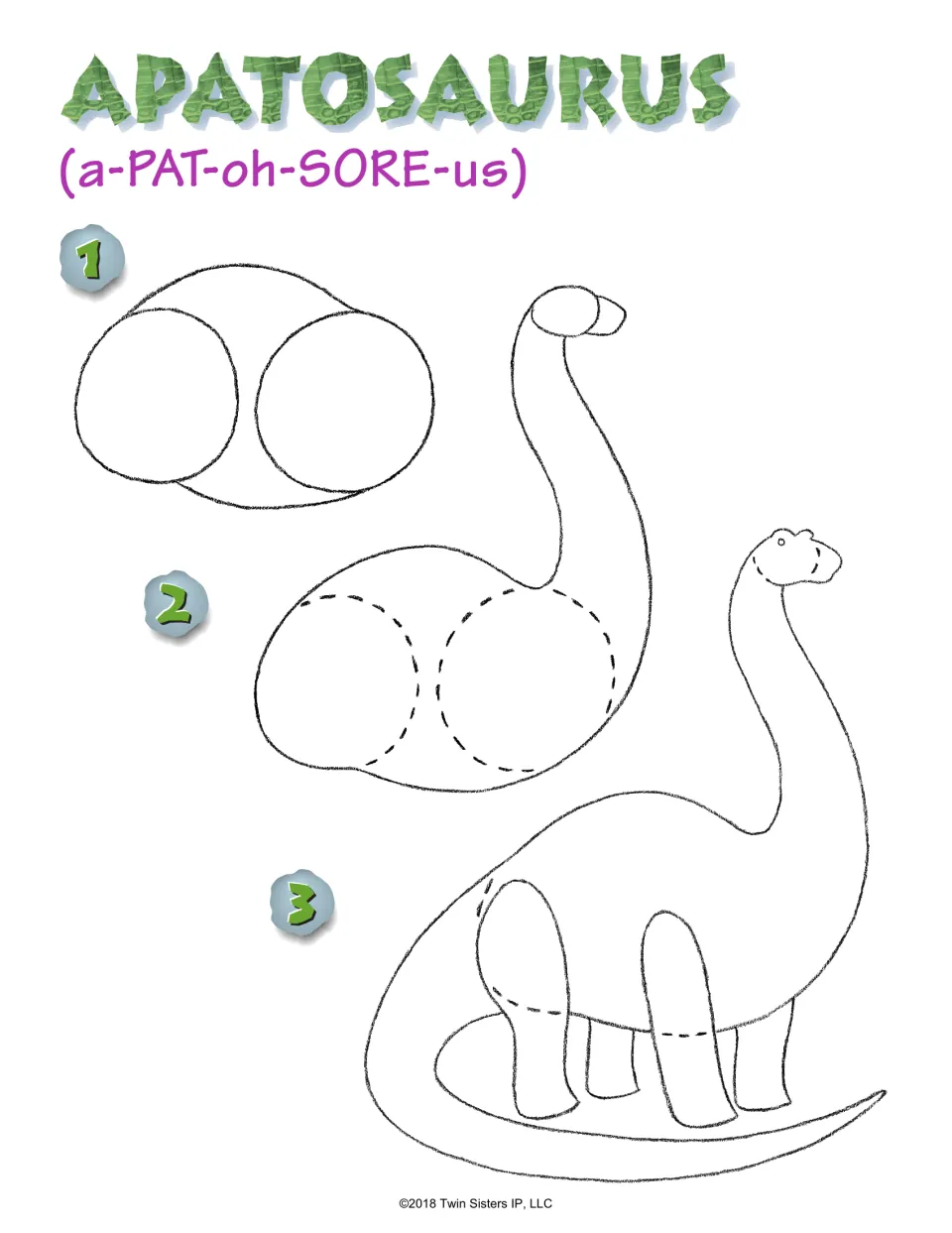 Apatosaurus steps 1-3 with pronunciation: students join two circles into a body, add a long neck and head, then four legs