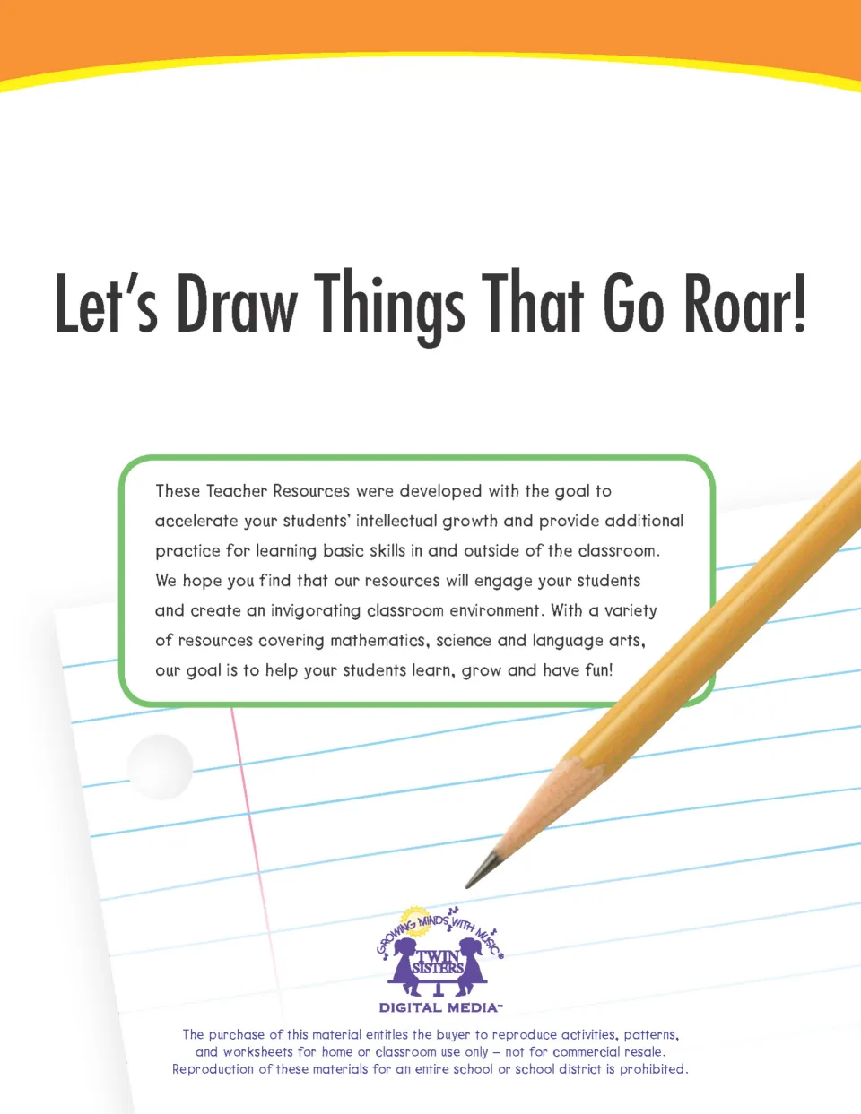 Let's Draw Things That Go Roar! title page with a note to teachers, a pencil on notebook paper and reproduction terms