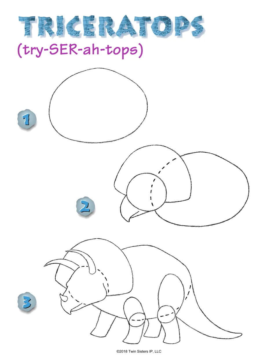 Triceratops, with pronunciation try-SER-ah-tops: steps 1 to 3 build the body from an oval, a head circle and leg shapes