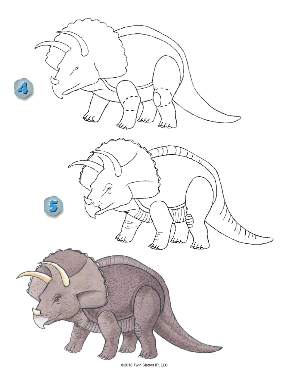 Triceratops steps 4 and 5 add the frill, horns, toes and skin wrinkles, ending with a finished, colored Triceratops