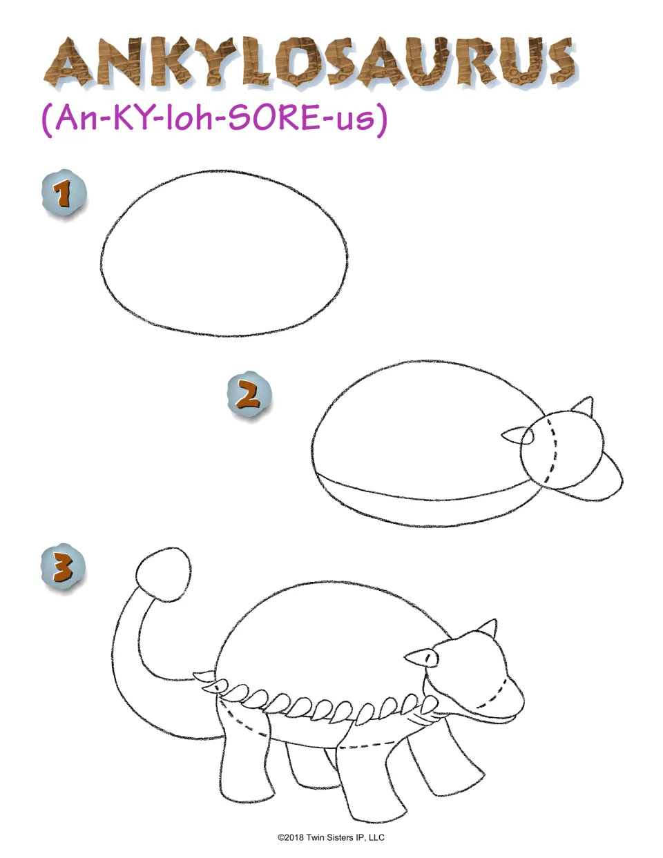Ankylosaurus (An-KY-loh-SORE-us) steps 1 to 3: an oval body, then head and horns, then club tail, spikes and legs