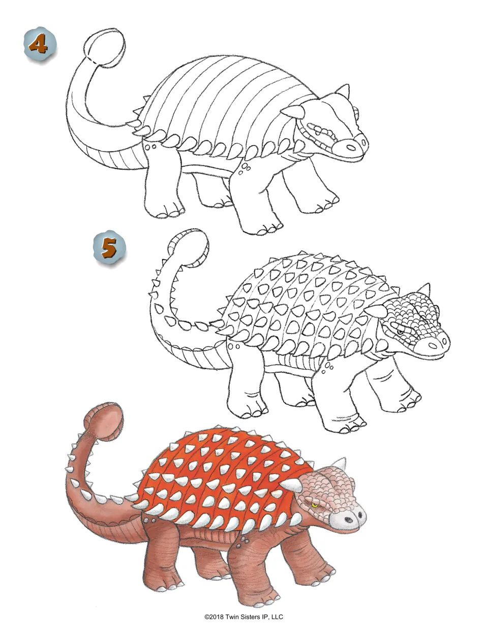 Ankylosaurus steps 4 and 5 add armor bands, spikes and scales, followed by a colored example with a red-orange shell