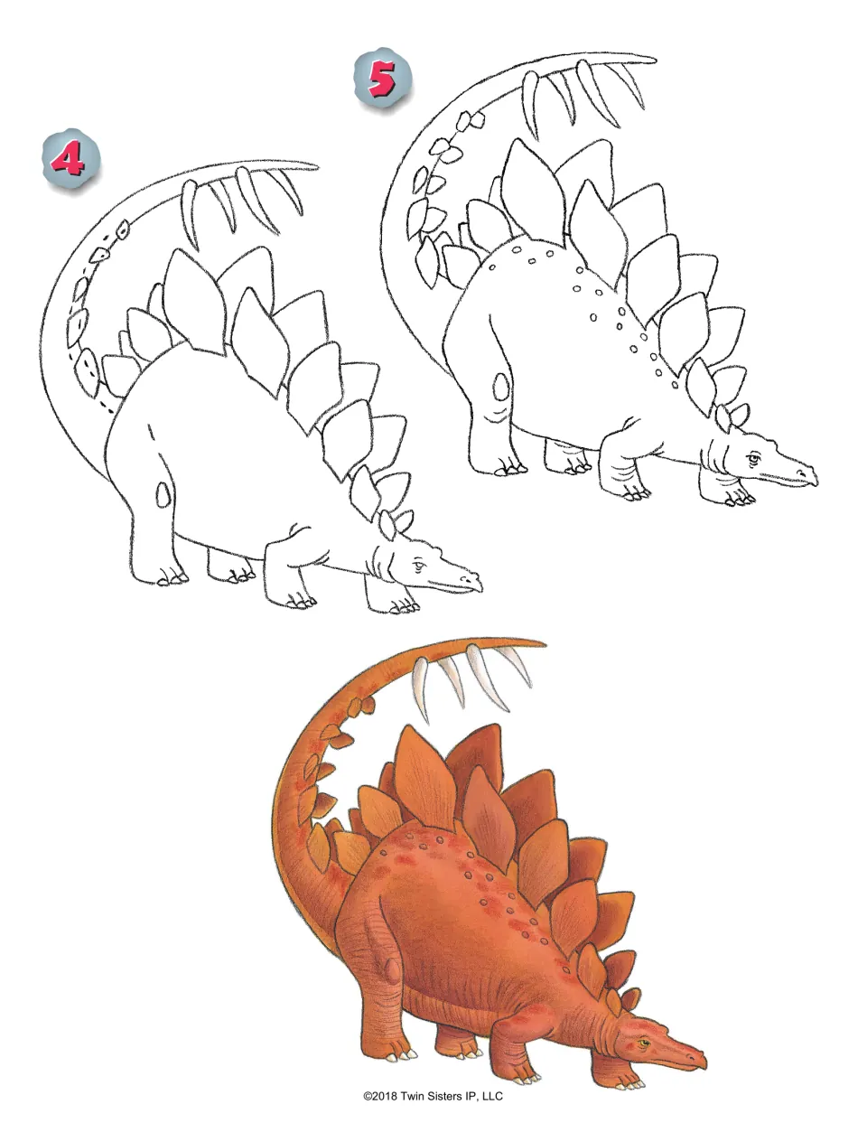 Stegosaurus steps 4 and 5 refine the plates, tail spikes and spots, with a finished orange Stegosaurus as a color guide