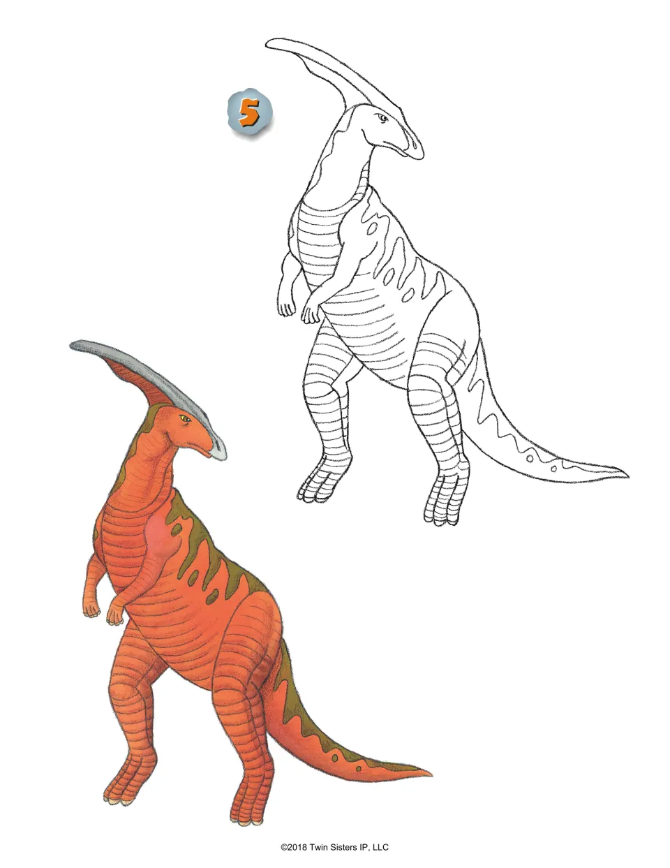 Parasaurolophus step 5 adds stripes and markings to the outline, beside a colored orange version with a gray crest