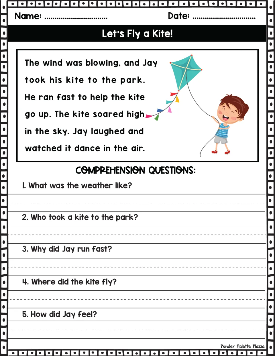 Jay's windy day at the park: students read a six-line kite story and write answers to five who, why and where questions