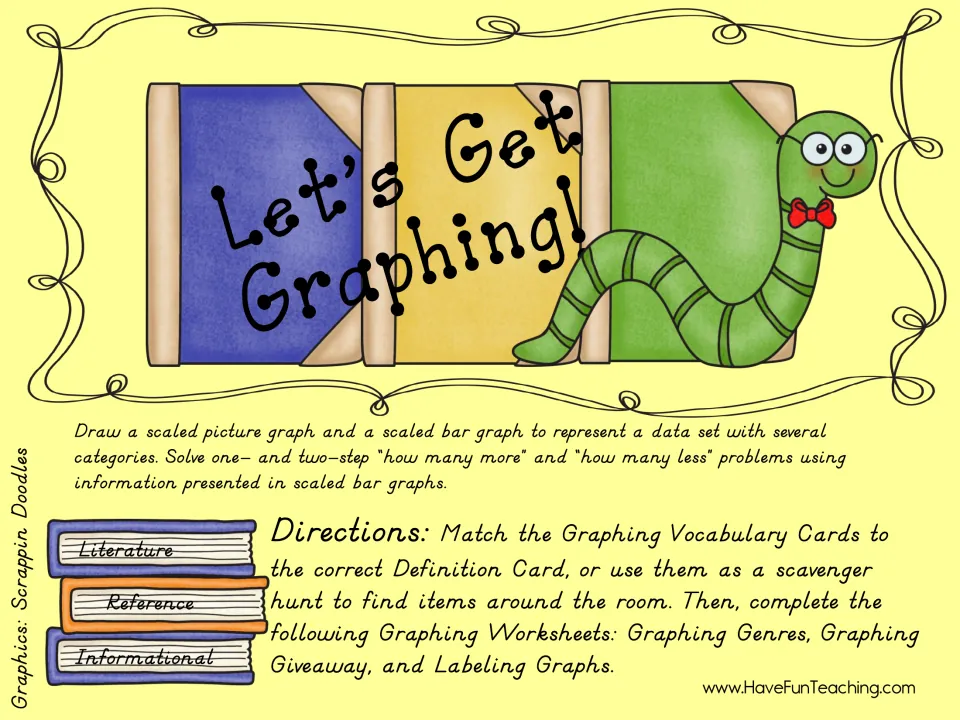 Let's Get Graphing! cover with a bookworm, scaled graph goals and directions for vocabulary card matching and 3 worksheets