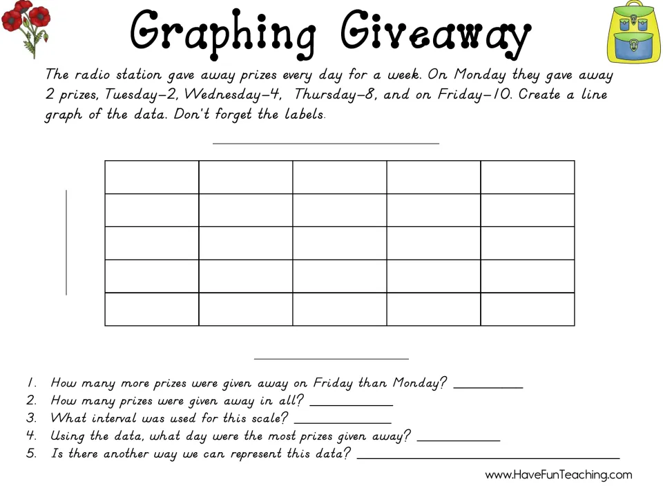 Graphing Giveaway, black and white: students plot a line graph of 5 days of radio prizes and find totals and the interval