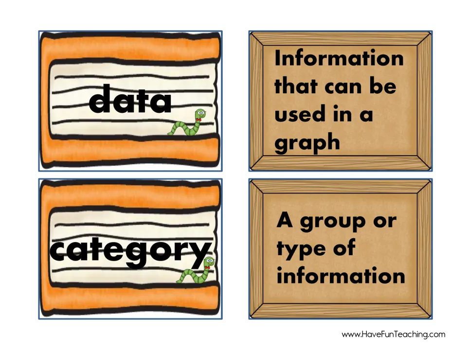 Vocabulary cards for data, information that can be used in a graph, and category, a group or type of information