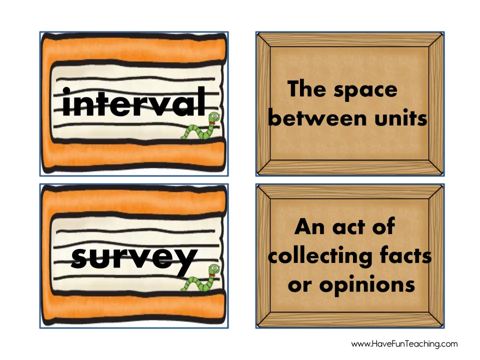 Vocabulary cards to match: interval, the space between units, and survey, an act of collecting facts or opinions