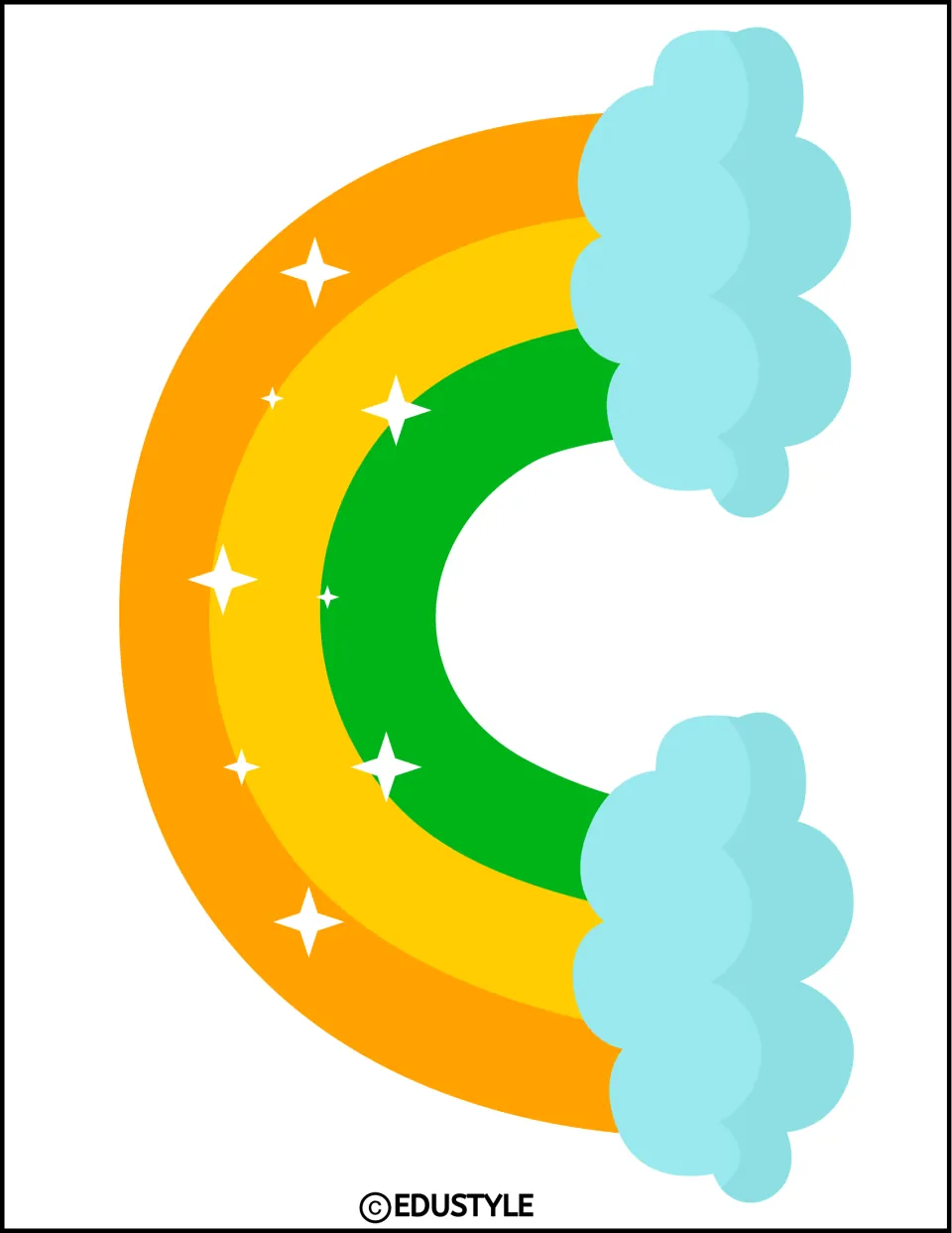 Complete rainbow cutout with orange, yellow, and green bands and blue clouds for St. Patrick's Day decor