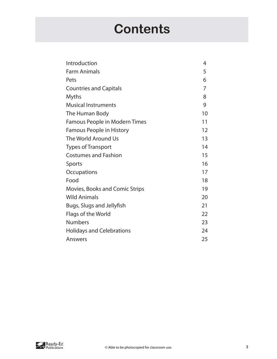 Table of contents: 20 quiz topics from Farm Animals and Pets to Holidays and Celebrations, then the answers