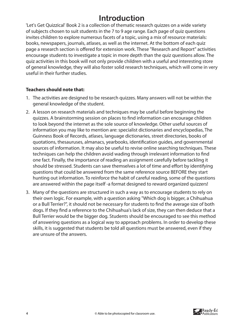 Teacher introduction: research quizzes for ages 7 to 9, Research and Report extensions, and notes on sources