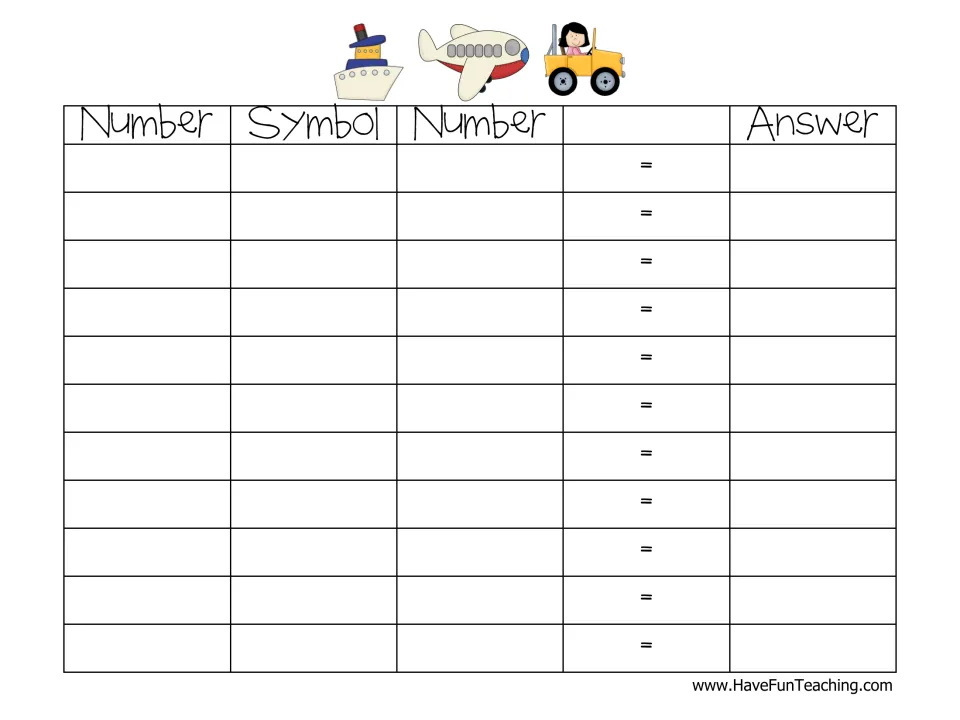 Equation recording sheet: students write number, symbol, number and answer for 11 travel-card problems
