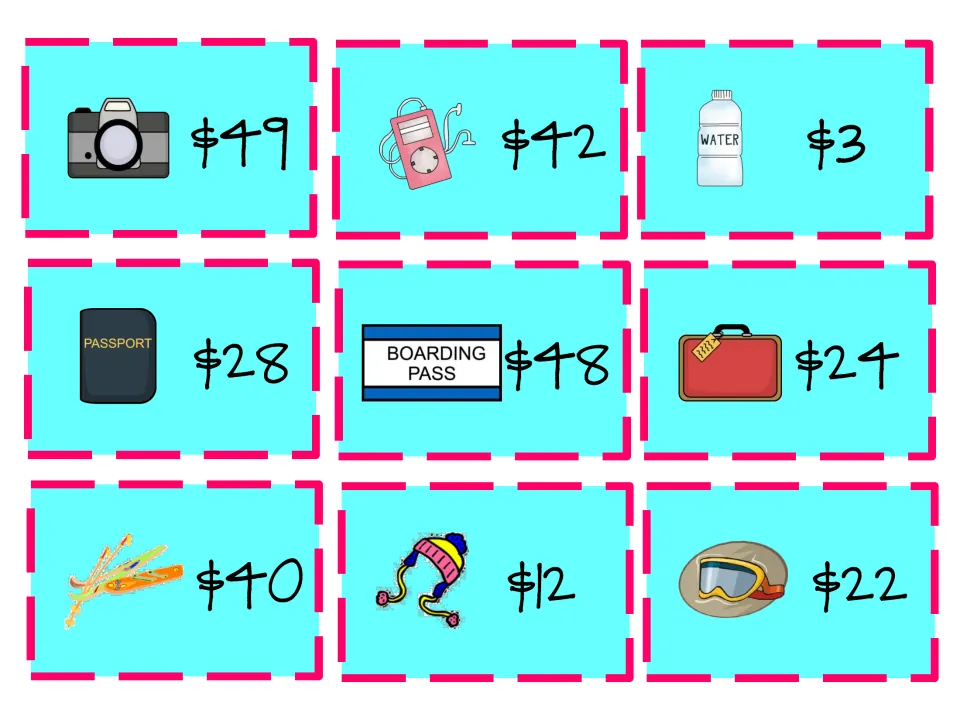 Travel item price cards: camera $49, music player $42, water $3, passport $28, boarding pass $48, ski goggles $22