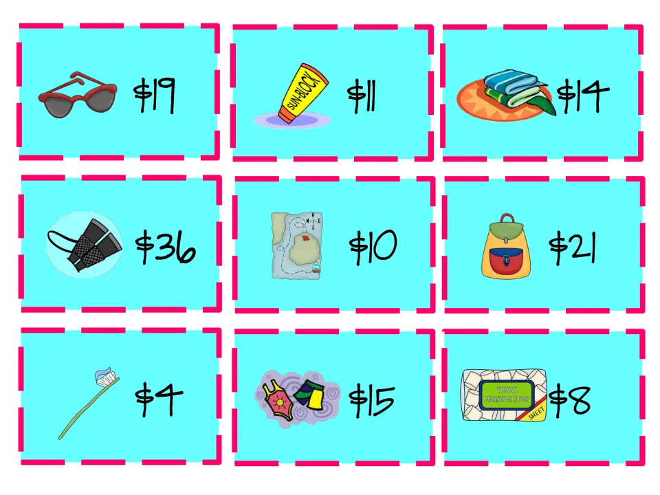 Beach and outdoor price cards: sunglasses $19, sunblock $11, binoculars $36, map $10, backpack $21, toothbrush $4