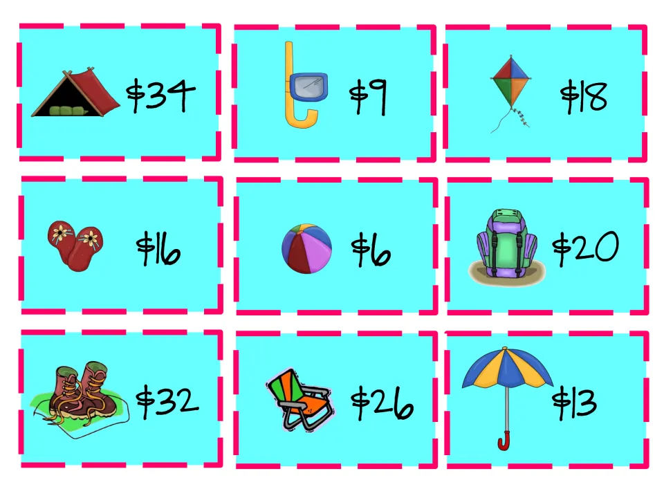 Camping and beach price cards: tent $34, snorkel $9, kite $18, beach ball $6, hiking boots $32, umbrella $13
