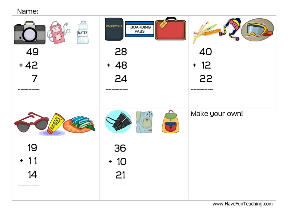 Adding three item prices: students total sets like 49 + 42 + 7 shown with travel pictures, then write their own problem